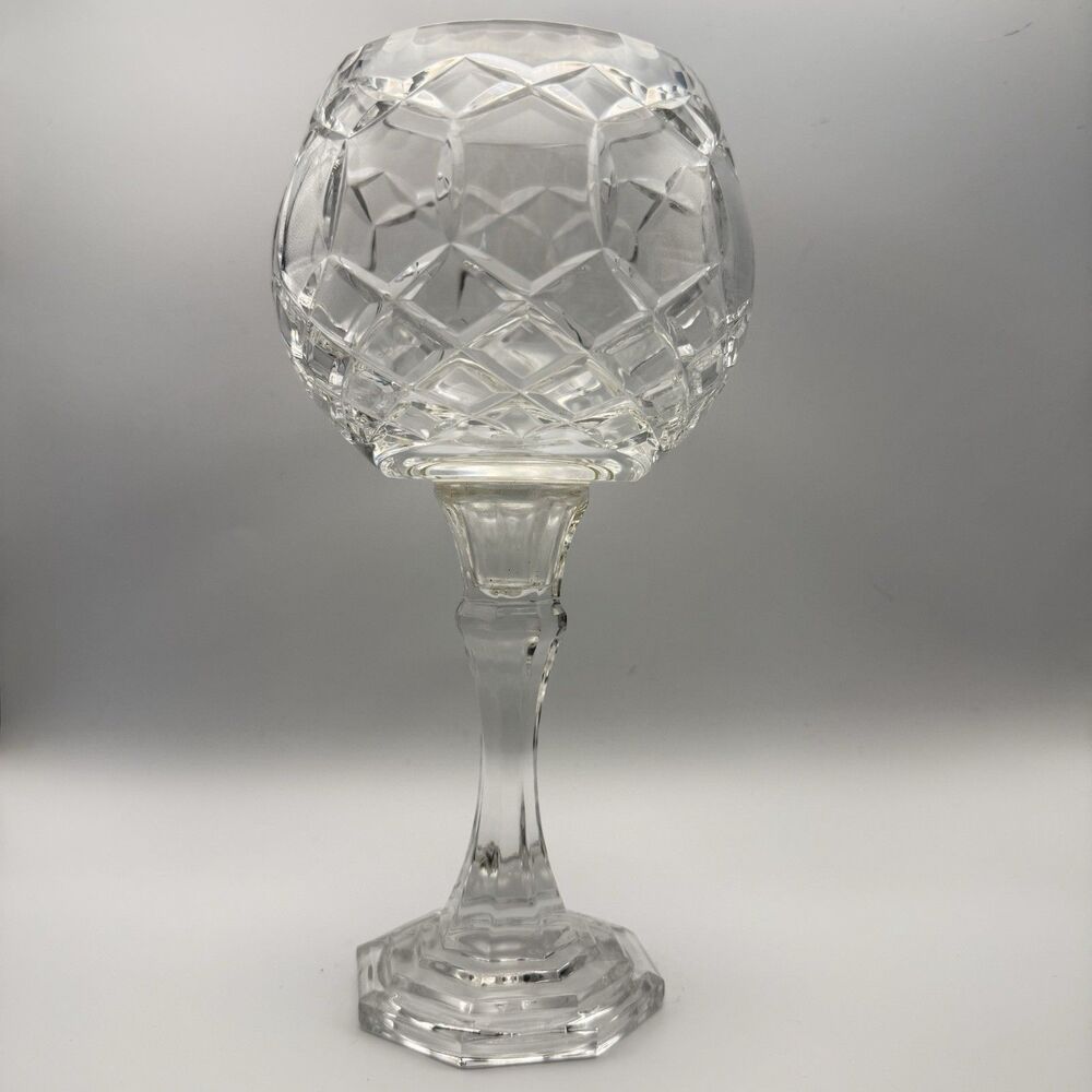 Vintage Polish 24% Lead Crystal Candle Holder Goblet Hand Cut Diamond Pattern 9"